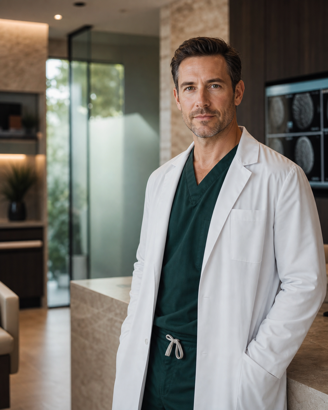 Hair-restoration physician in a contemporary consultation clinic